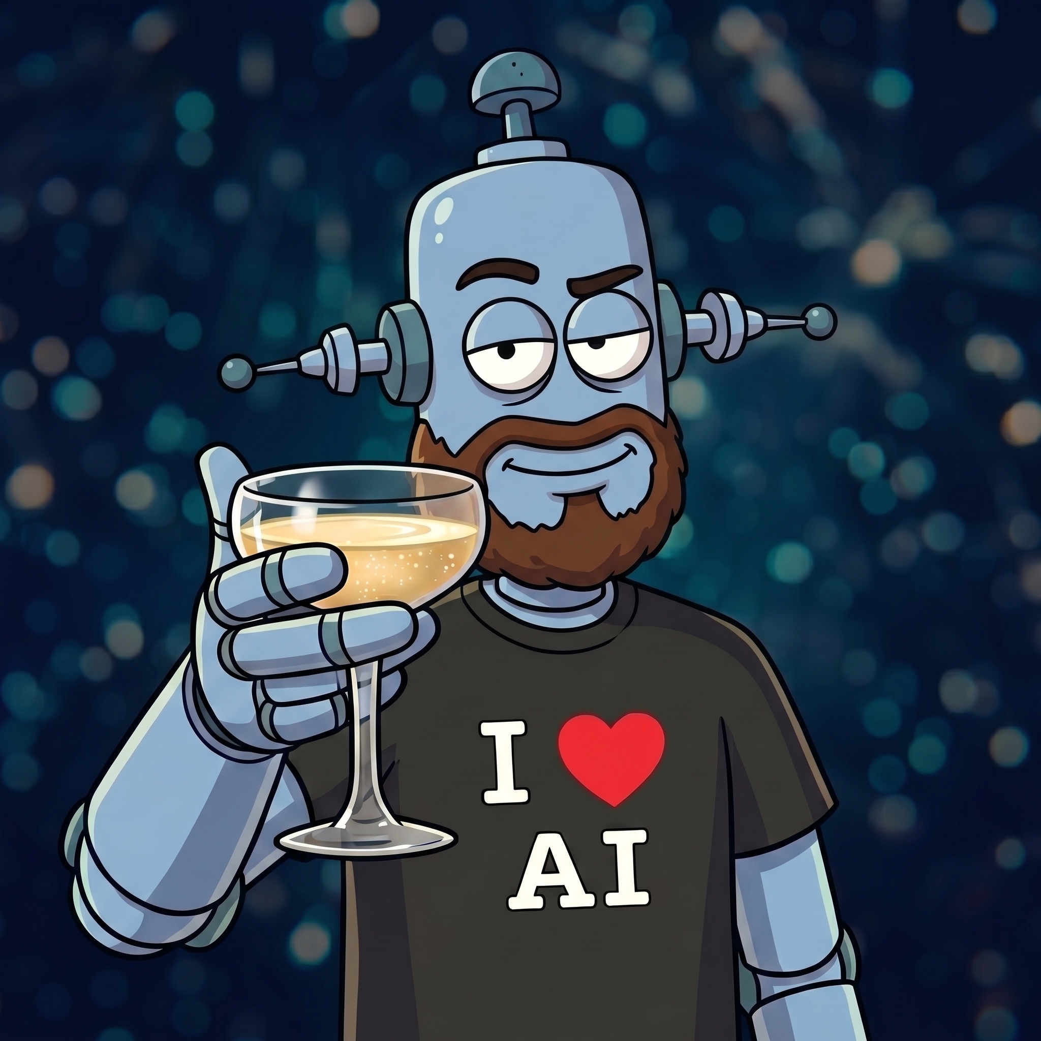 Робот поднимает бокал в футболке «I love AI»